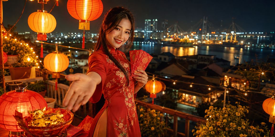 Khung cảnh thị trường đêm Hải Phòng với phong bao lì xì và ánh đèn